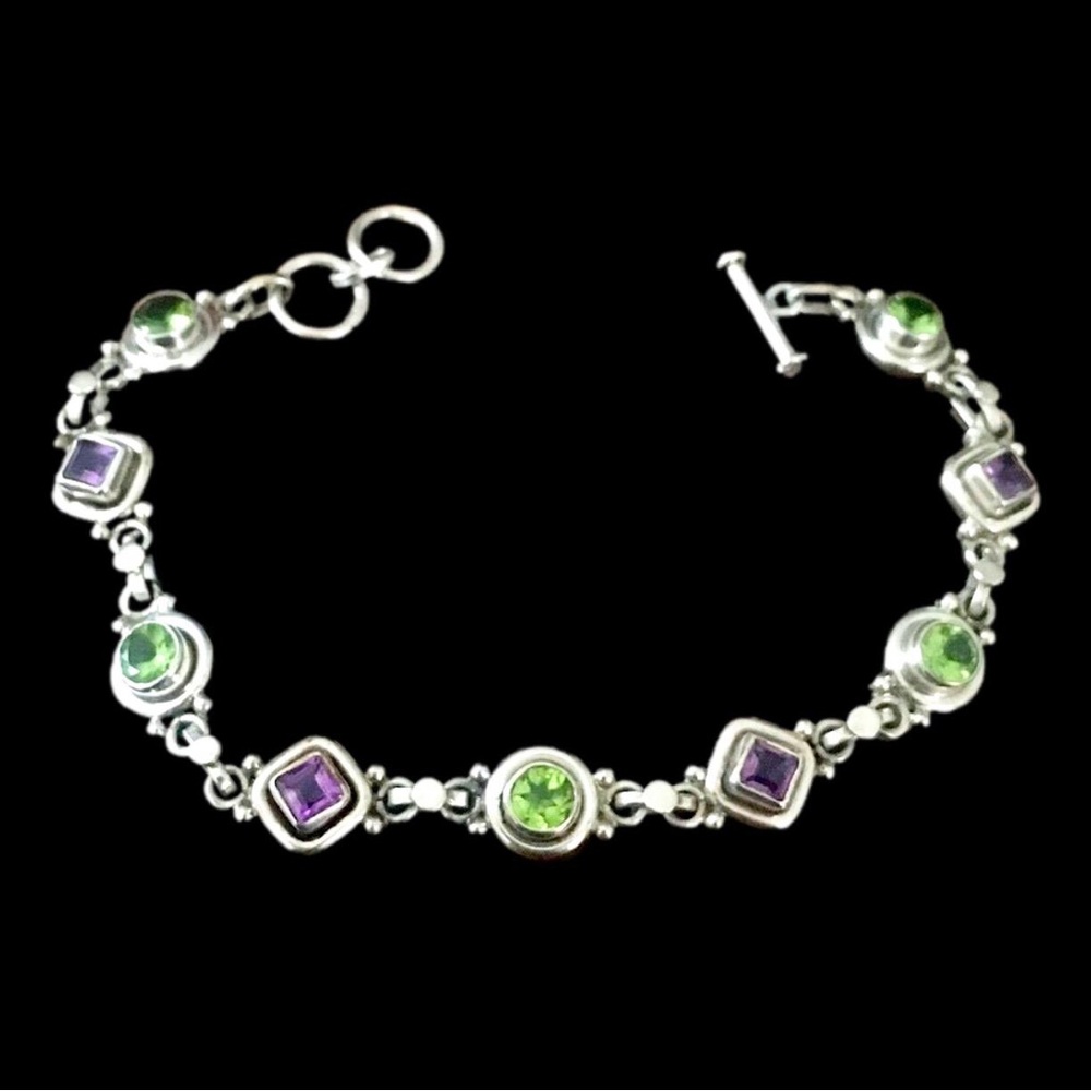 Vintage Amethyst Peridot Sterling Silver Toggle Bracelet